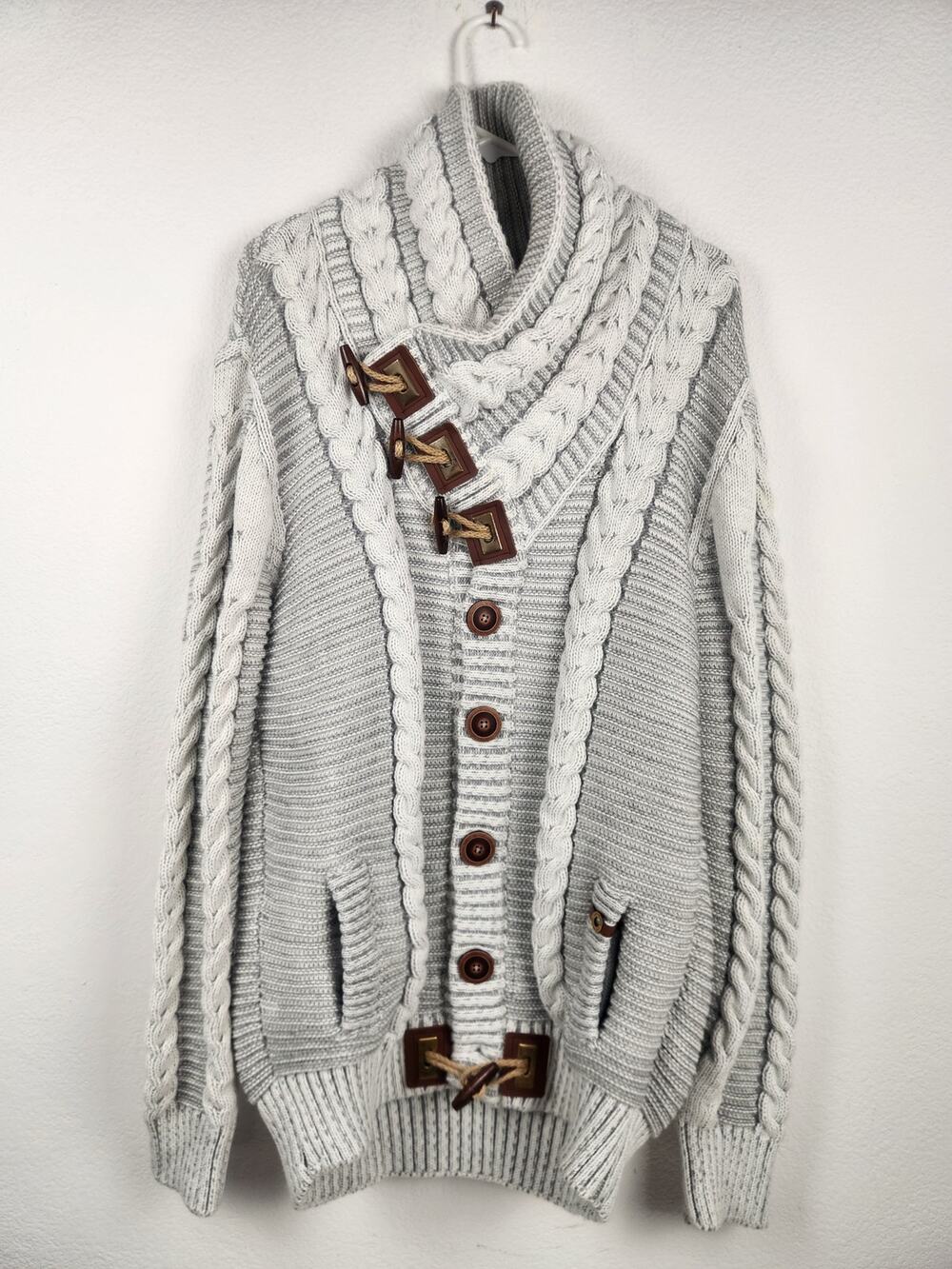 Leif Nelson Sweater Men XXL Gray Cable Knit Toggles Cardigan Pockets